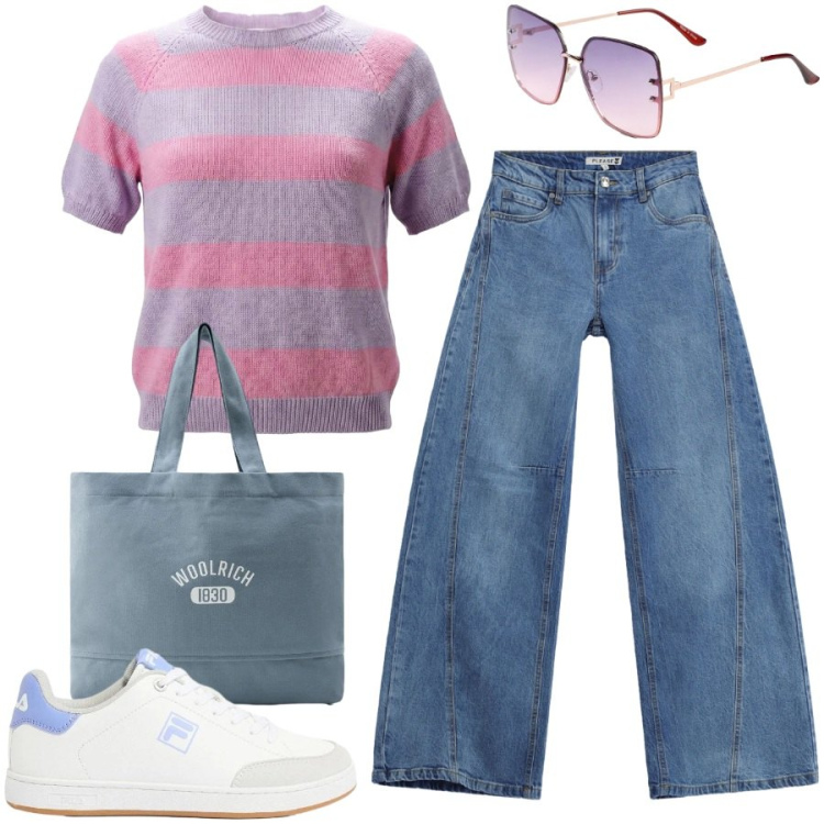 Outfit donna - Urban style. Stile Urban per Tutti i giorni. Abbinamento con occhiali da sole, sneakers, maglieria, borse tote, jeans.