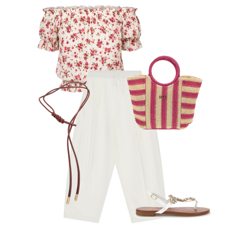 Outfit donna - Pantalone bianco. Stile Casual chic per Tutti i giorni. Abbinamento con pantaloni a palazzo, top, vestiti, borse a mano, sandali gioiello.