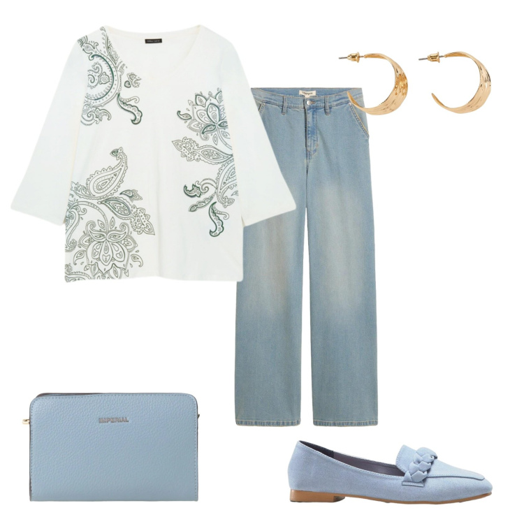 Outfit donna - Total look #2437601. Stile Casual chic per Ufficio. Abbinamento con jeans dritti, mocassini, orecchini, t-shirt, borse a tracolla.