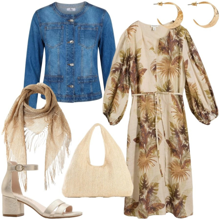 Outfit donna - Fresca serata estiva. Stile Casual chic per Serata fuori. Abbinamento con vestiti lunghi, sandali col tacco, shopping bag, orecchini, blazer, canottiere.