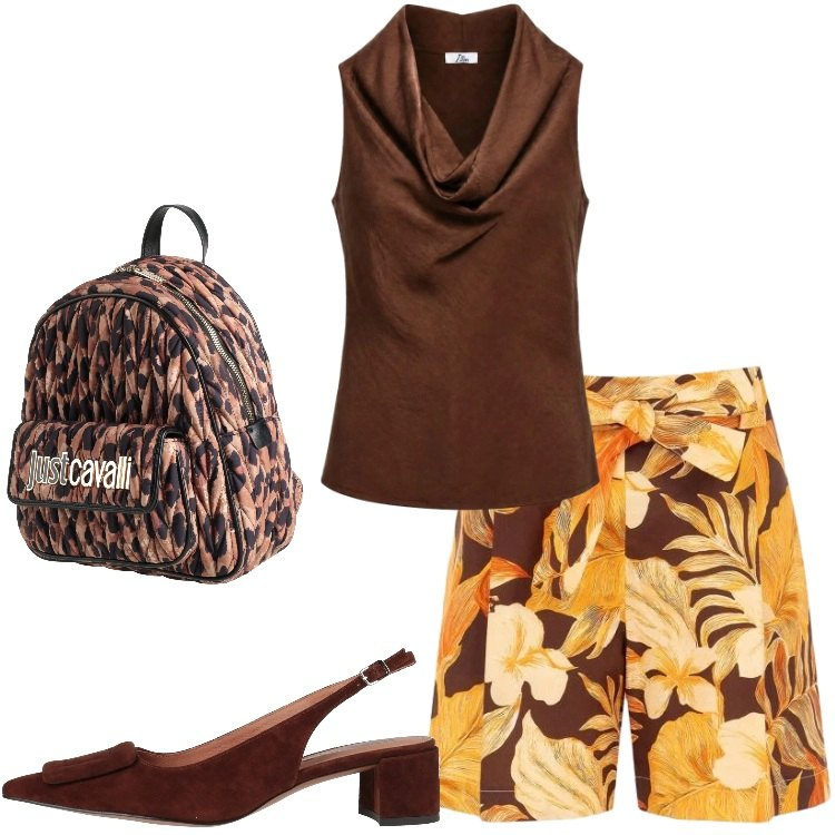 Outfit donna - Stampe che illuminano Donna Curvy. Stile Casual chic per Tutti i giorni. Abbinamento con décolleté, zaini, canottiere, pantaloni corti.