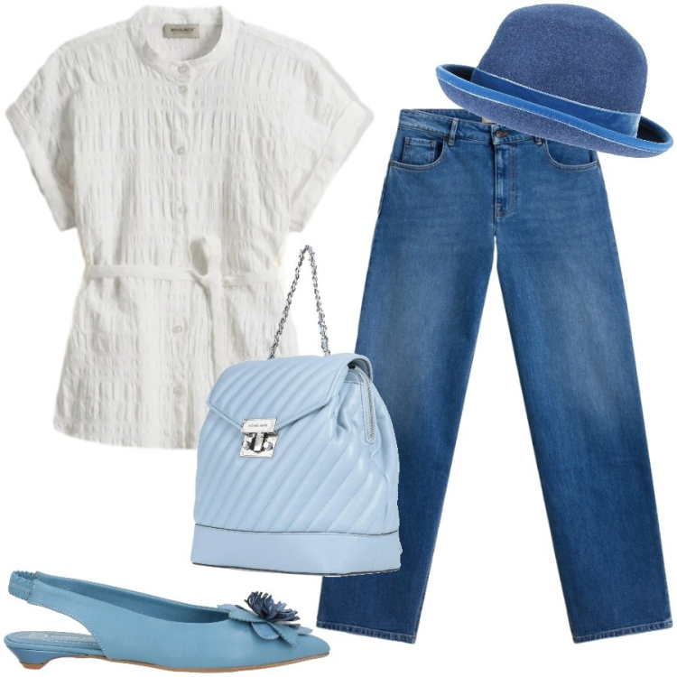 Outfit donna - Ceruleo, il colore dell\' anno. Stile Casual chic per Tutti i giorni. Abbinamento con ballerine, zaini, cappelli, bluse, jeans.