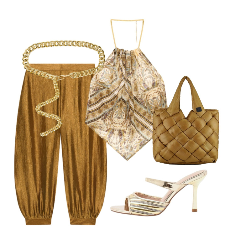 Outfit donna - Golden brown. Stile Glamour per Serata fuori. Abbinamento con sabot, top, cinture, pantaloni, borse tote.
