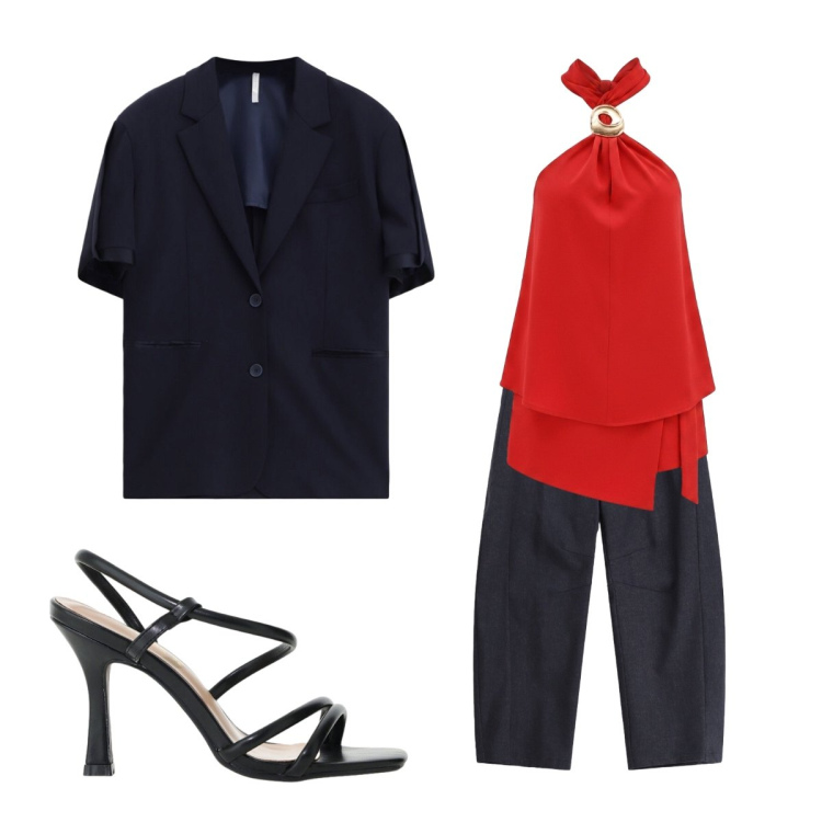 Outfit donna - Luglio. Stile Mannish per Cerimonia. Abbinamento con top, sandali col tacco, blazer, pantaloni.