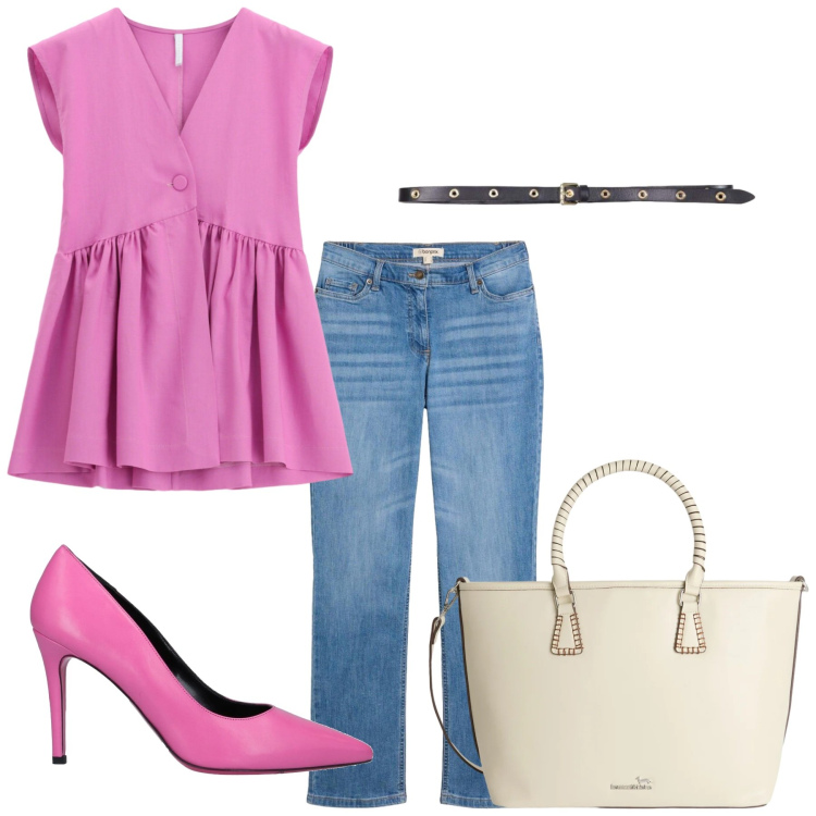Outfit donna - Total look #2437611. Stile Casual chic per Ufficio. Abbinamento con décolleté, jeans dritti, cinture, shopping bag, top.