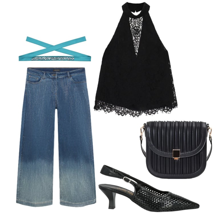 Outfit donna - Total look #2437612. Stile Casual chic per Serata fuori. Abbinamento con décolleté, cinture, borse a tracolla, top, jeans.