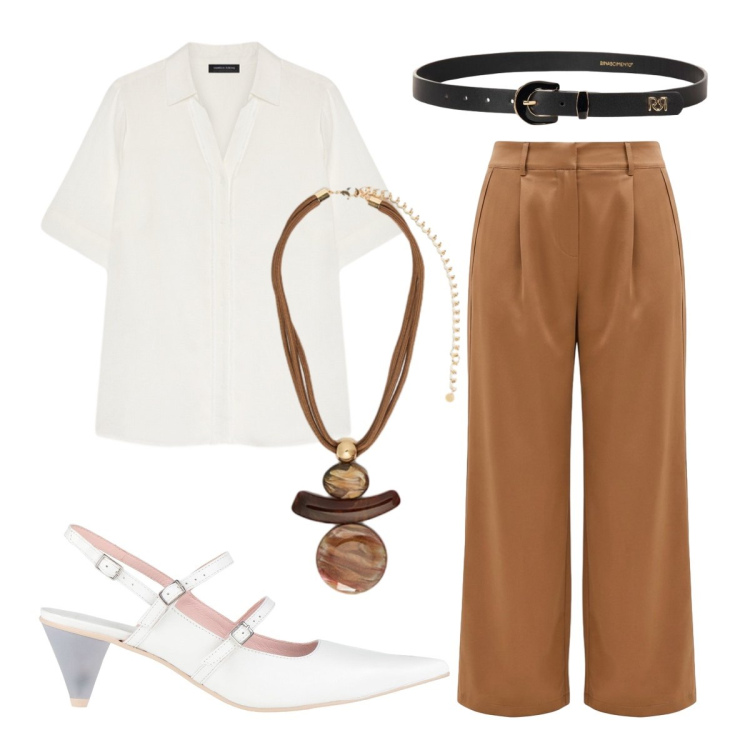 Outfit donna - BASIC di giorno in città. Stile Basic per Tutti i giorni. Abbinamento con décolleté, ciondoli, camicie a manica corta, cinture, pantaloni a palazzo.