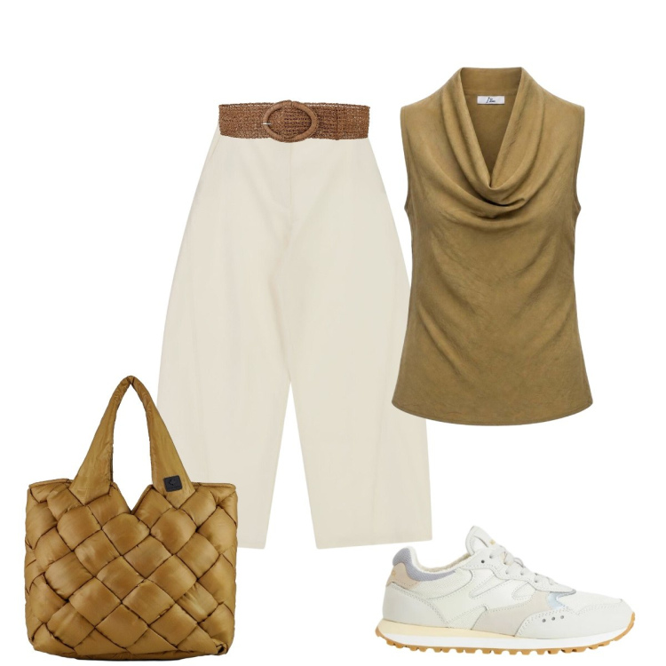 Outfit donna - In città. Stile Casual chic per Tutti i giorni. Abbinamento con cinture, canottiere, borse tote, sneakers, jeans.