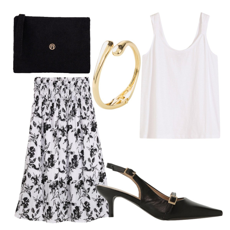 Outfit donna - Light summer. Stile Romantica per Cerimonia. Abbinamento con canottiere, gonne longuette, braccialetti, sandali col tacco, pochette.
