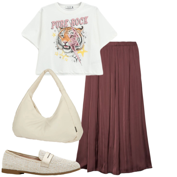 Outfit donna - Romantico rock. Stile Sporty chic per Tutti i giorni. Abbinamento con mocassini, gonne longuette, t-shirt, borse a spalla.