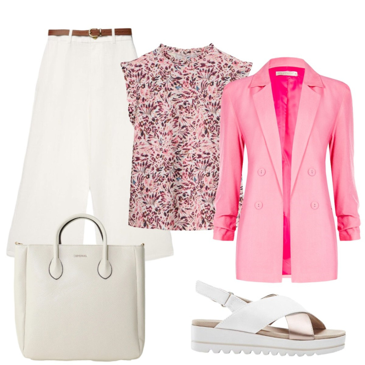 Outfit donna - Elegante... Stile Chic per Tutti i giorni. Abbinamento con maglieria, sandali, pantaloni a palazzo, blazer, borse a tracolla.