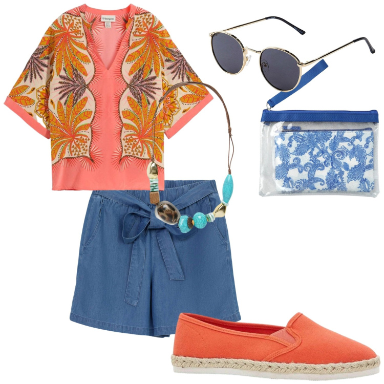 Outfit donna - Pesca & Blu China. Stile Casual chic per Tutti i giorni. Abbinamento con tuniche, espadrillas, occhiali da sole, shorts, pochette, collane.