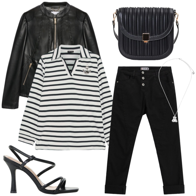 Outfit donna - Total look #2437649. Stile Casual chic per Tutti i giorni. Abbinamento con ciondoli, polo, blazer, pantaloni, borse a tracolla, sandali col tacco.