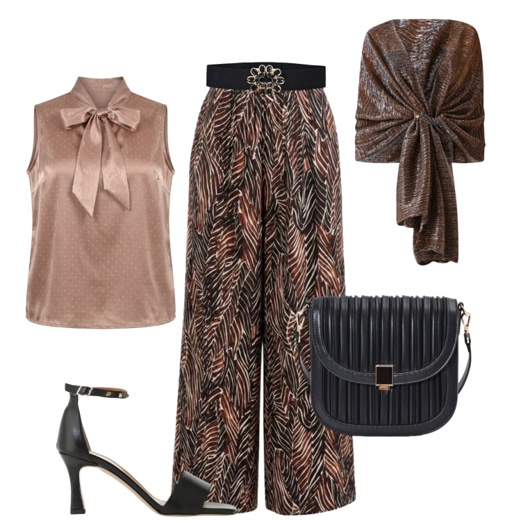Outfit donna - Aperitivo dai toni caldi. Stile Glamour per Serata fuori. Abbinamento con pantaloni a palazzo, stole, borse a tracolla, cinture, canottiere, sandali col tacco.
