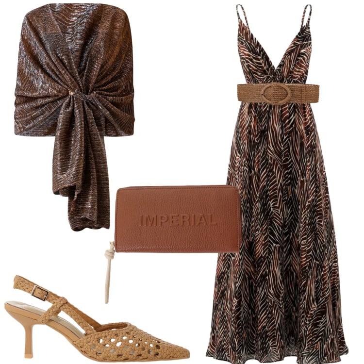 Outfit donna - Serata estiva. Stile Casual chic per Serata fuori. Abbinamento con cinture, vestiti lunghi, stole, décolleté, portafogli.