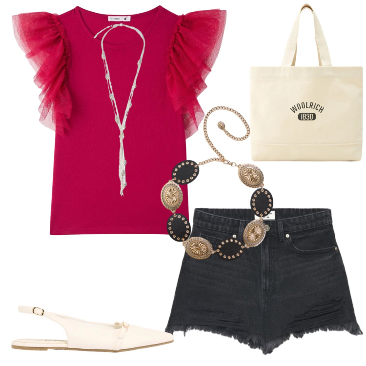 Outfit donna - Total look #2437656. Stile Casual chic per Tutti i giorni. Abbinamento con ballerine, t-shirt, shorts, cinture, collane, borse tote.