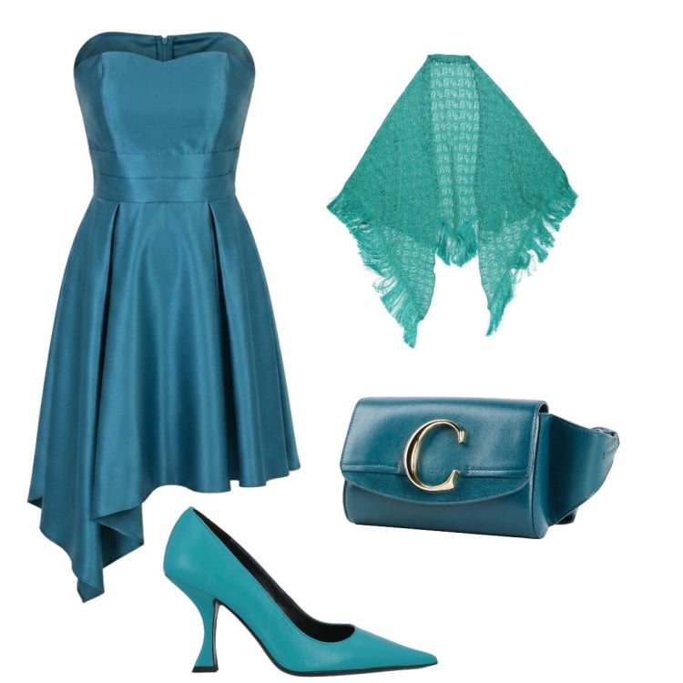 Outfit donna - Total green. Stile Chic per Cerimonia. look ideale per Tall. Abbinamento con marsupi, décolleté, stole, vestiti asimmetrici.