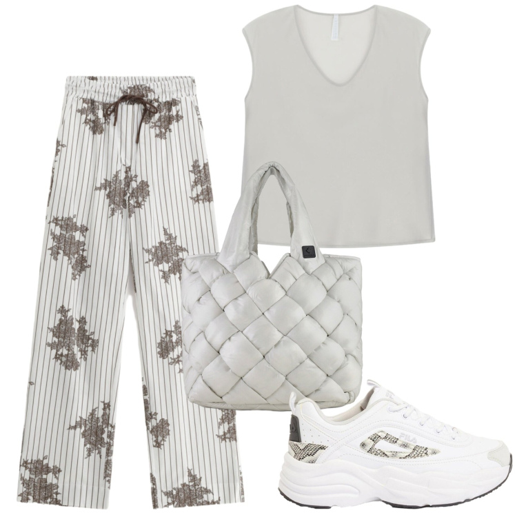 Outfit donna - Comoda in città. Stile Glamour per Tutti i giorni. Abbinamento con sneakers, pantaloni a palazzo, canottiere, borse tote.