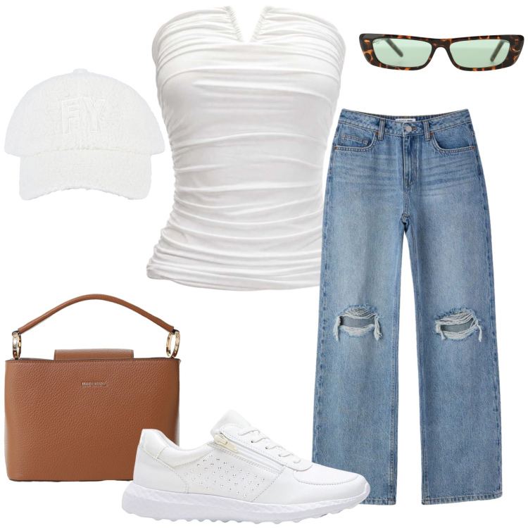 Outfit donna - Total look #2437660. Stile Casual chic per Tutti i giorni. Abbinamento con sneakers, jeans strappati, borse a secchiello, occhiali da sole, top, cappelli con visiera.