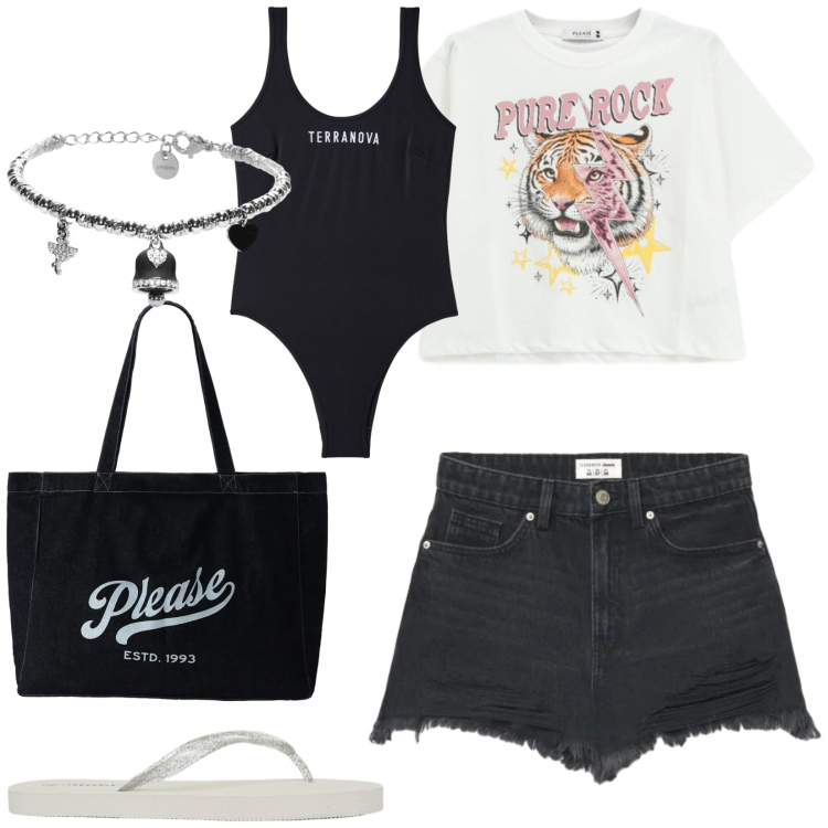 Outfit donna - Total look #2437661. Stile Sexy per Mare. Abbinamento con costumi interi, infradito, shorts, braccialetti, t-shirt, shopping bag.