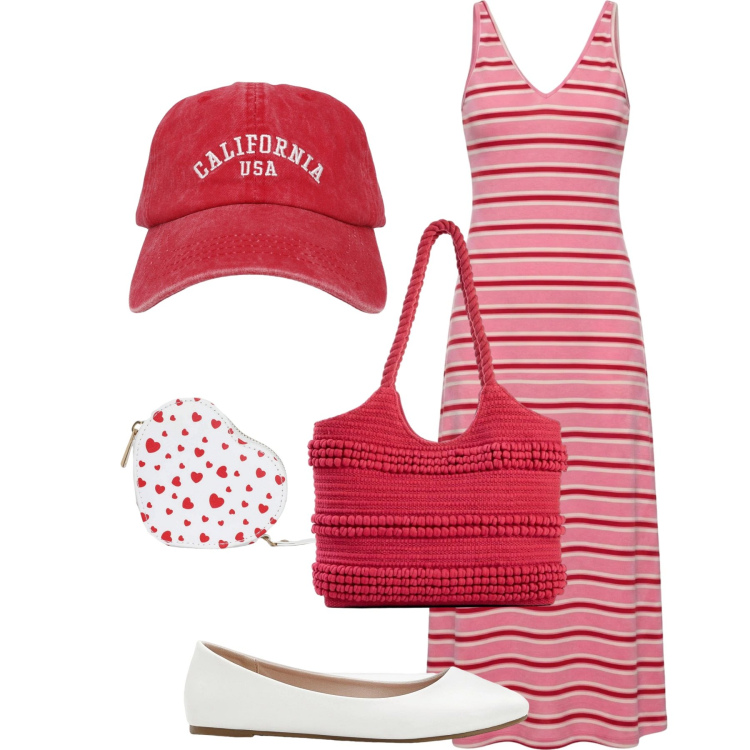 Outfit donna - I love red. Stile Casual per Tutti i giorni. Abbinamento con shopping bag, ballerine, vestiti lunghi, cappelli con visiera, portafogli.
