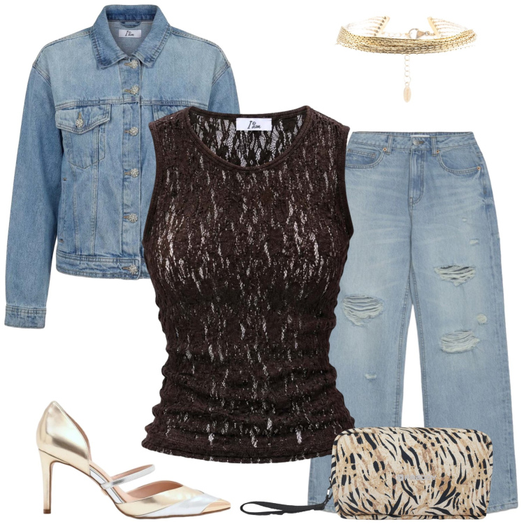 Outfit donna - Total look #2437663. Stile Casual chic per Serata fuori. Abbinamento con top, cappotti, jeans strappati, valigie, braccialetti, décolleté.