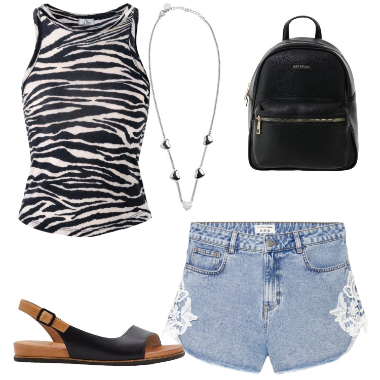 Outfit donna - Total look #2437666. Stile Casual chic per Tutti i giorni. Abbinamento con sandali, shorts, zaini, canottiere, collane.