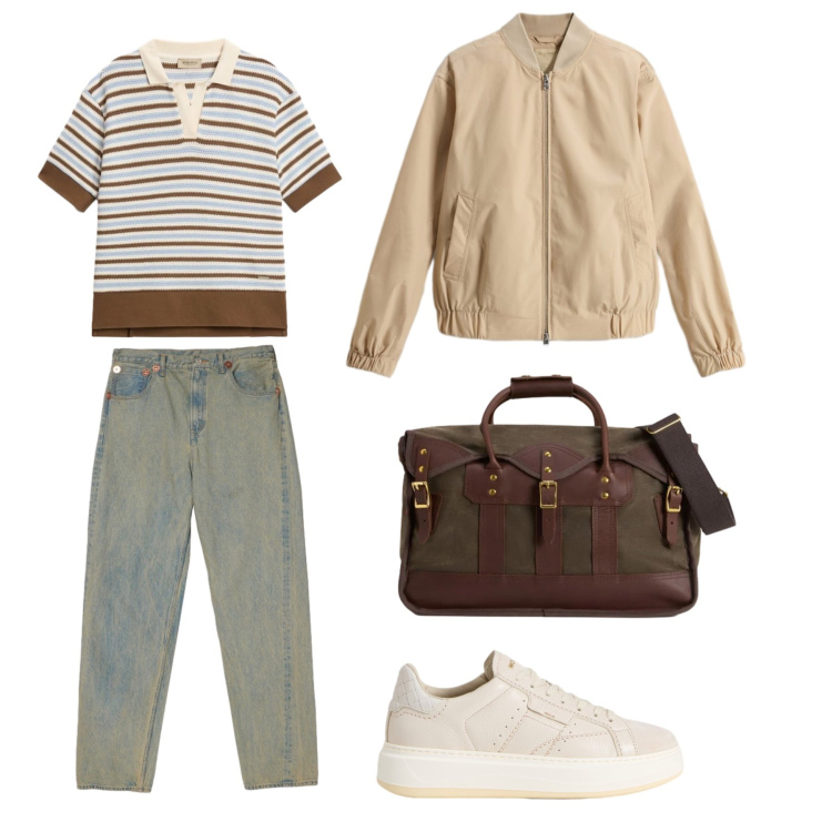 Outfit donna - Dalla città alla montagna. Stile Sporty chic per Tutti i giorni. Abbinamento con jeans, polo, bomber, borse a tracolla, sneakers.