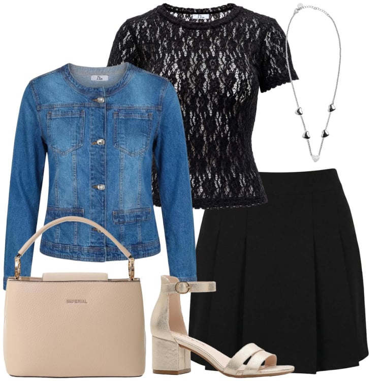 Outfit donna - Total look #2437670. Stile Casual chic per Tutti i giorni. Abbinamento con sandali col tacco, minigonne, blazer, top, collane, borse a secchiello.