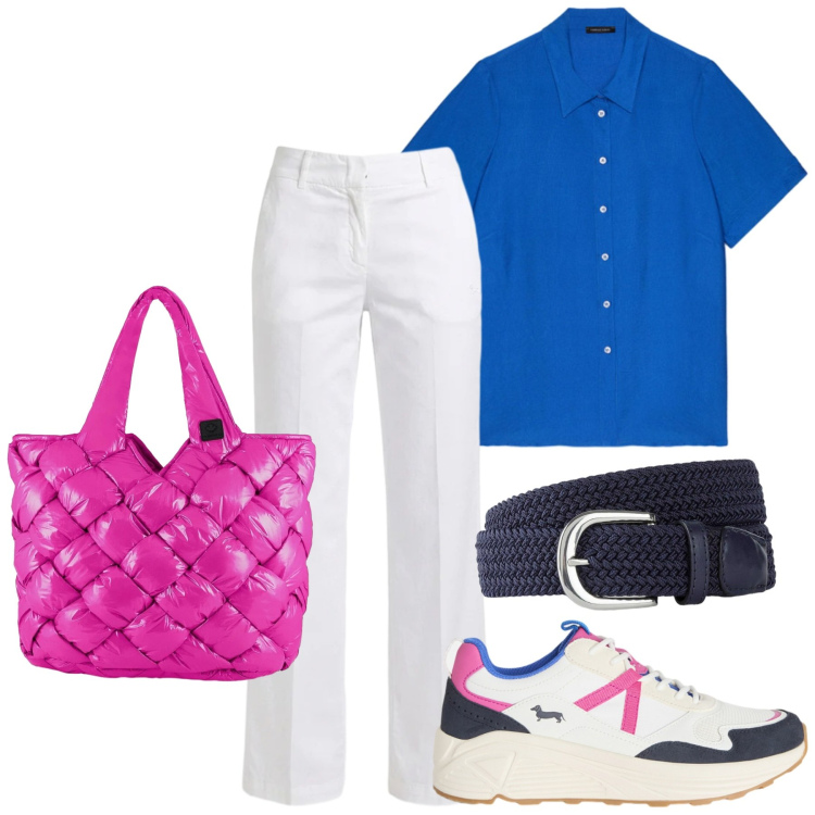 Outfit donna - Colorata su base bianca. Stile Sporty chic per Tutti i giorni. Abbinamento con cinture, sneakers, pantaloni, camicie a manica corta, borse tote.