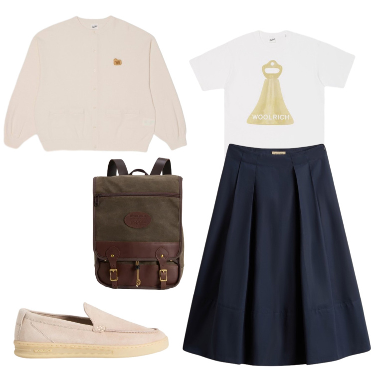 Outfit donna - Total look #2437672. Stile Casual chic per Tutti i giorni. Abbinamento con zaini, gonne lunghe, mocassini, t-shirt, cardigans.
