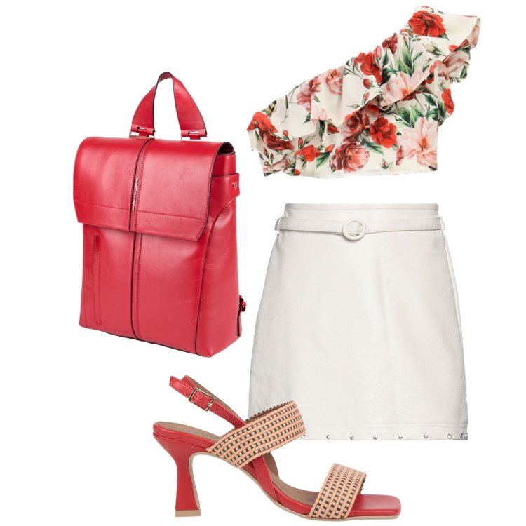 Outfit donna - Donna in fiore. Stile Romantica per Tutti i giorni. Abbinamento con minigonne, zaini, sandali in pelle, top.