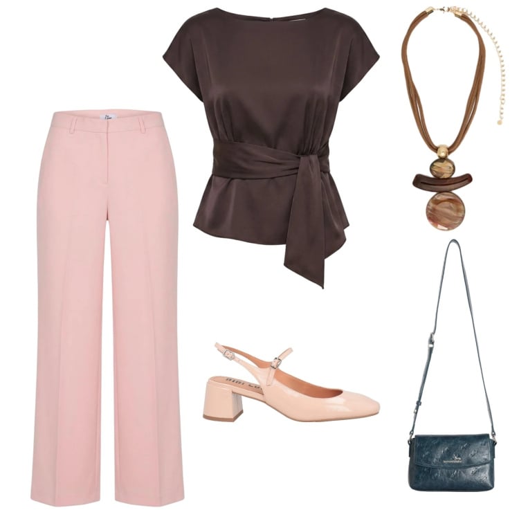 Outfit donna - Occasione speciale. Stile Chic per Cerimonia. Abbinamento con décolleté, pantaloni a palazzo, borse a tracolla, ciondoli, bluse.