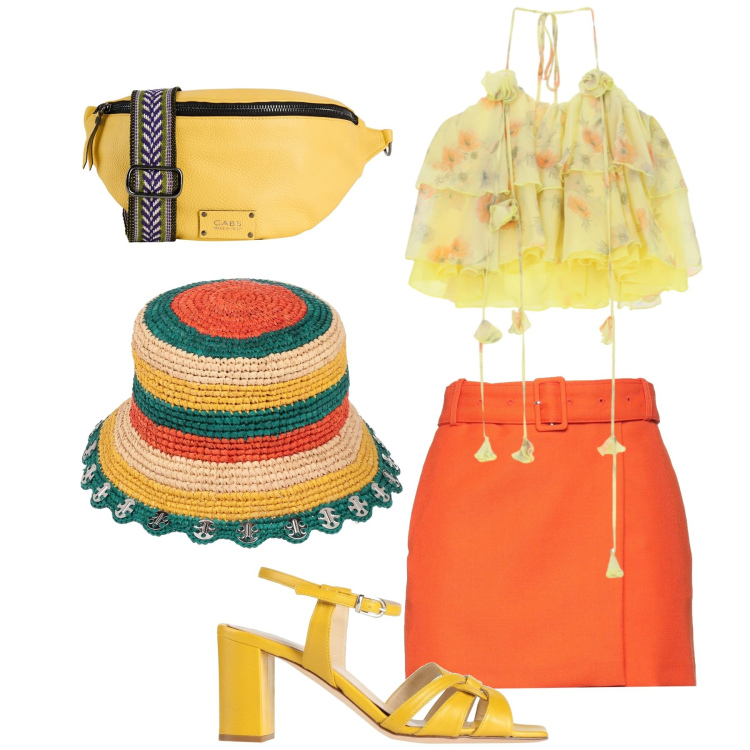 Outfit donna - Vitaminica. Stile Trendy per Tutti i giorni. Abbinamento con minigonne, marsupi, cappelli, sandali in pelle, top.