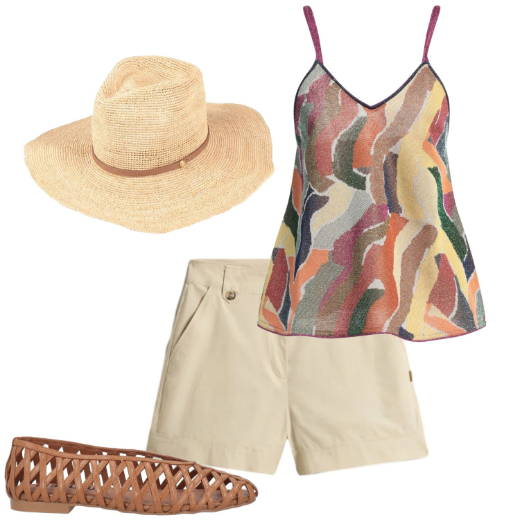 Outfit donna - Saint Tropez. Stile Glamour per Tutti i giorni. Abbinamento con top, ballerine, cappelli, pantaloni corti.