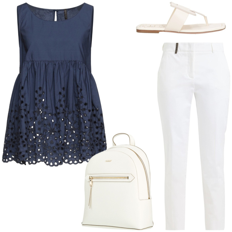 Outfit donna - Summer style. Stile Chic per Tutti i giorni. Abbinamento con top, pantaloni, ciabatte, zaini.
