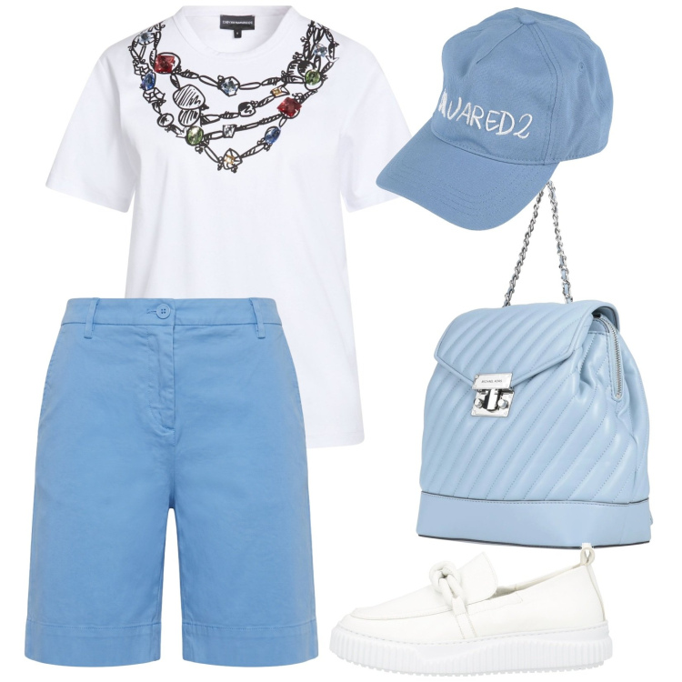 Outfit donna - Look fresco per il caldo estivo. Stile Casual per Tutti i giorni. Abbinamento con mocassini, zaini, cappelli con visiera, t-shirt, bermuda.