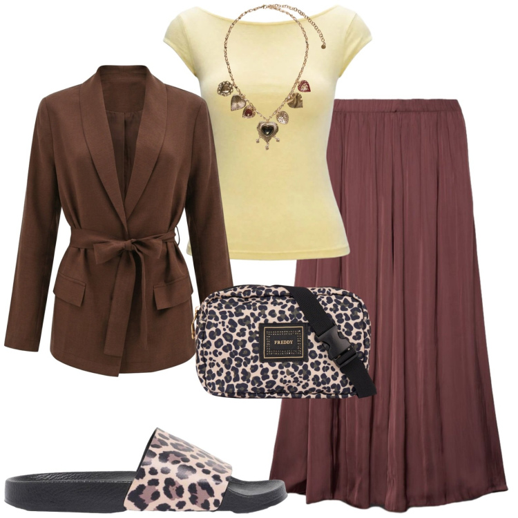 Outfit donna - Tocco animalier. Stile Casual chic per Tutti i giorni. Abbinamento con ciabatte, top, gonne longuette, marsupi, collane, blazer.