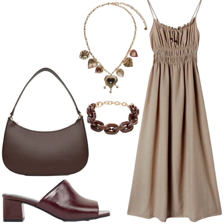 Outfit donna - Total look #2437689. Stile Romantica per Serata fuori. Abbinamento con braccialetti, ciabatte, vestiti lunghi, borse a tracolla, collane.