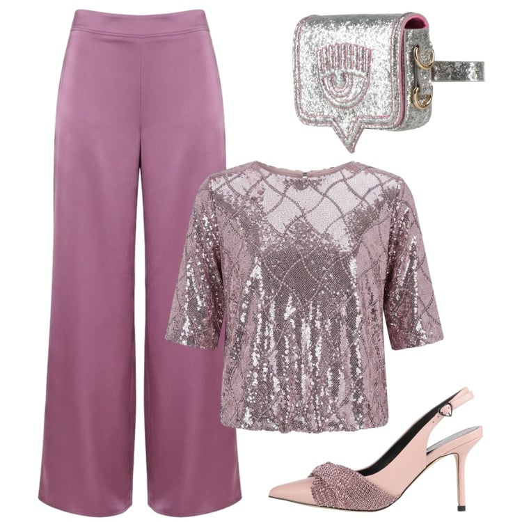 Outfit donna - Luminosa e glamour. Stile Glamour per Serata fuori. Abbinamento con décolleté, marsupi, bluse, pantaloni a palazzo.