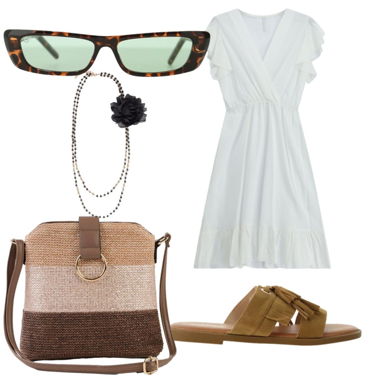 Outfit donna - Estate iniziata. Stile Romantica per Mare. Abbinamento con borse a tracolla, sandali, occhiali da sole, vestiti corti, collane.