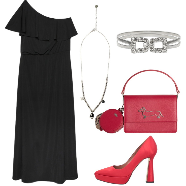 Outfit donna - Accessori rosso e argento. Stile Chic per Serata fuori. Abbinamento con décolleté, borse a tracolla, ciondoli, vestiti lunghi, cinture.