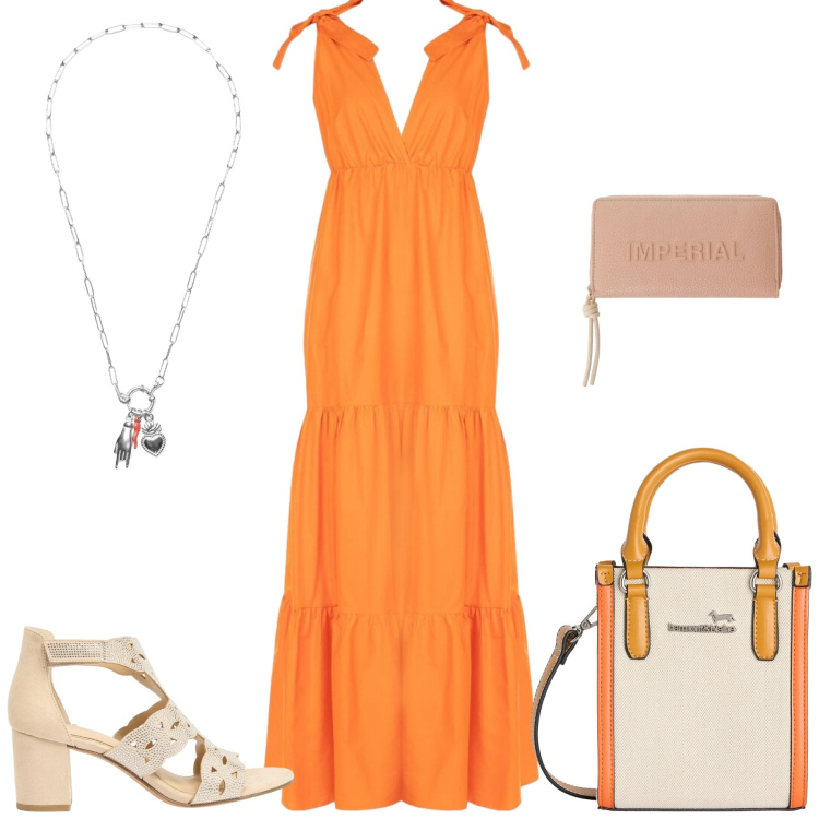 Outfit donna - Total look #2437694. Stile Romantica per Serata fuori. Abbinamento con sandali col tacco, borse tote, ciondoli, vestiti lunghi, portafogli.