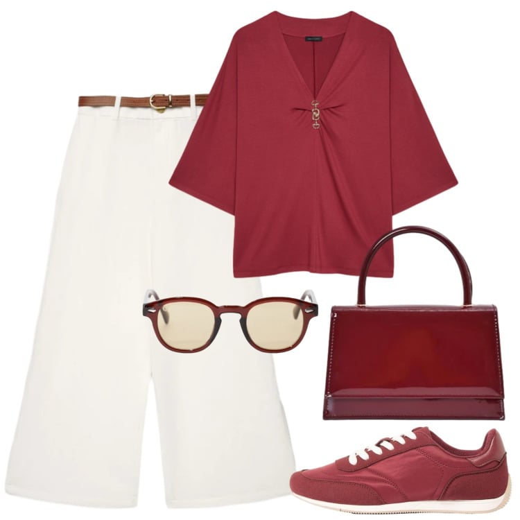 Outfit donna - Un Aperitivo in Centro. Stile Bon Ton per Serata fuori. Abbinamento con sneakers, pantaloni a palazzo, borse a mano, occhiali da sole, t-shirt.