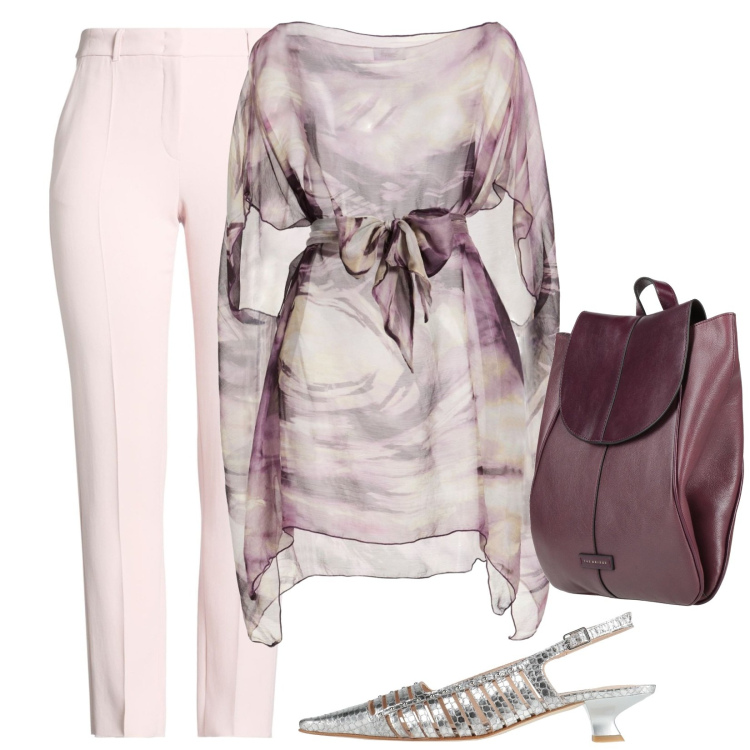 Outfit donna - Tonalità pastello e sandali argento. Stile Chic per Serata fuori. Abbinamento con décolleté, top, pantaloni, zaini.