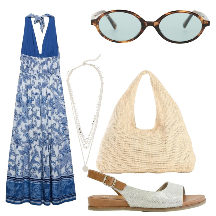 Outfit donna - Un estate al mare. Stile Casual chic per Mare. Abbinamento con sandali, shopping bag, collane, vestiti lunghi, occhiali da sole.