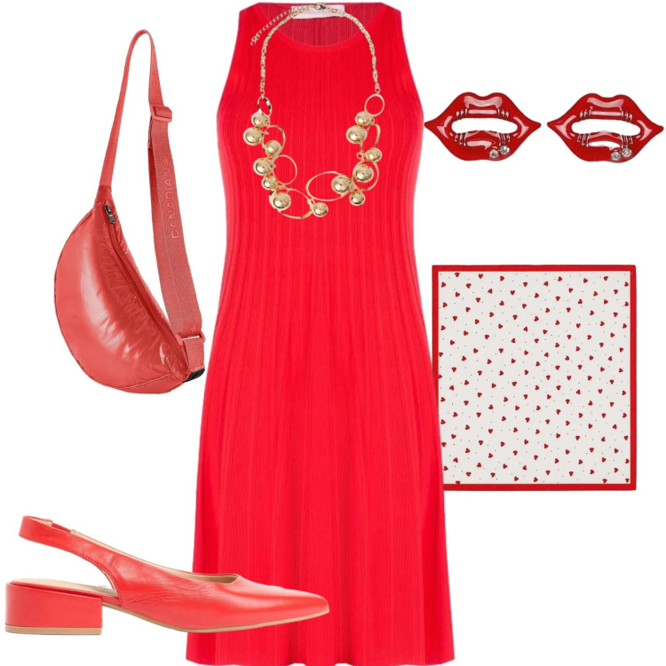 Outfit donna - Red. Stile Casual chic per Tutti i giorni. Abbinamento con décolleté, foulard, blazer, collane, borse a tracolla, vestiti senza maniche.