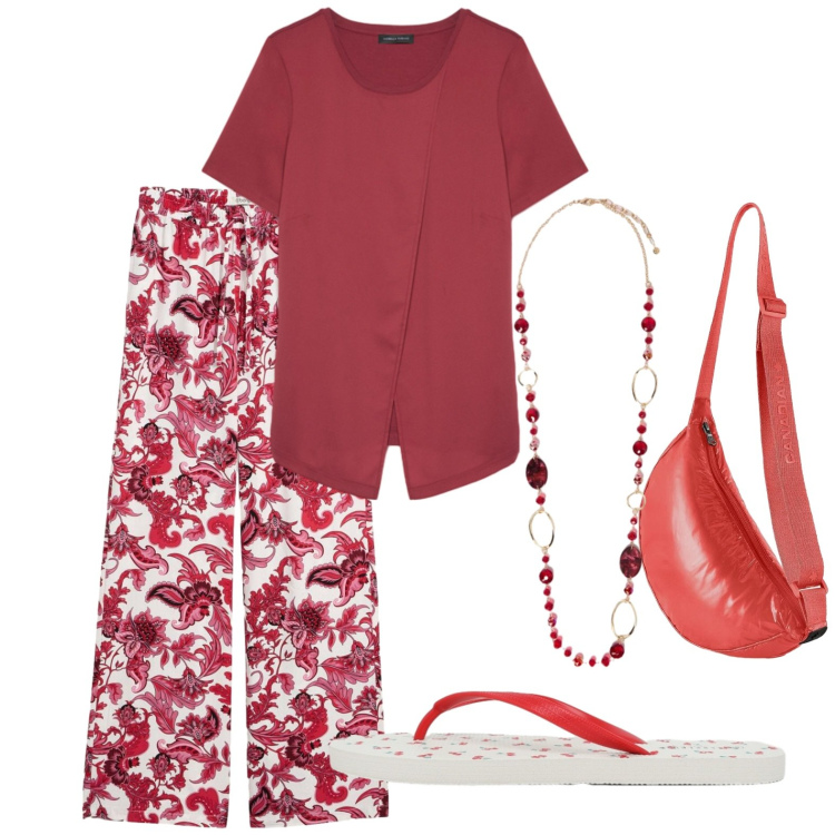Outfit donna - Vacanza. Stile Casual per Mare. Abbinamento con pantaloni, infradito, t-shirt, collane, borse a tracolla.