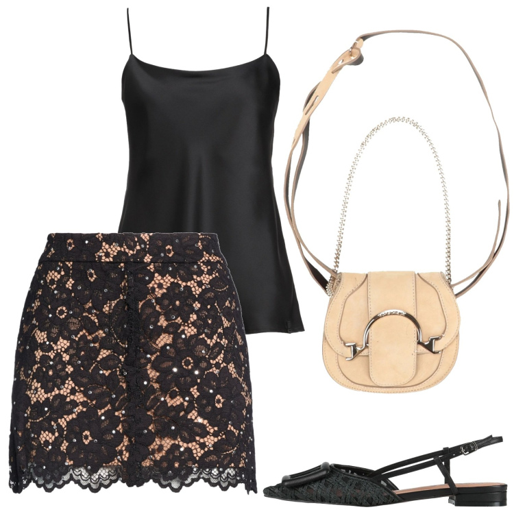 Outfit donna - La mini in pizzo nero. Stile Sexy per Serata fuori. Abbinamento con minigonne, top, marsupi, ballerine.