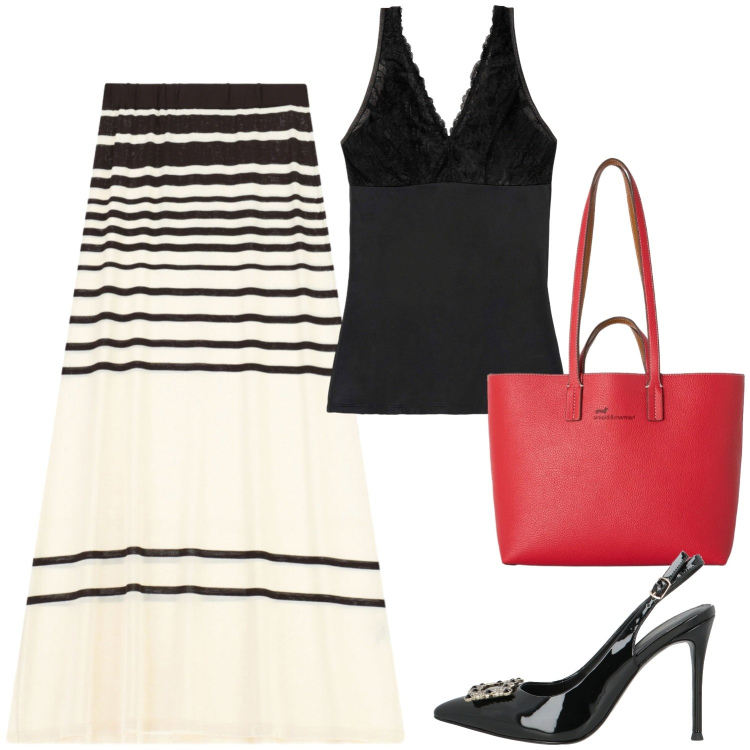 Outfit donna - Serata con le amiche. Stile Bon Ton per Serata fuori. Abbinamento con décolleté, top, shopping bag, gonne lunghe.